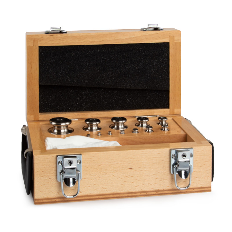Prüfgewichte der M1 Klasse - Knopfgewichte, Set (1 g - 500 g), Holz-Etui
